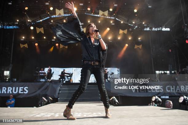 French singer Isabelle Marie Anne de Truchis de Varennes aka Zazie performs on stage during the Vieilles Charrues music festival on July 18, 2019 in...