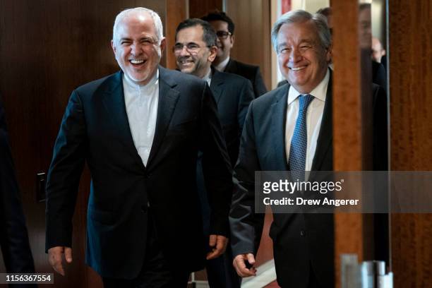 Mohammad Javad Zarif, the foreign minister of Iran and UN Secretary-General Antonio Guterres arrive for a meeting at United Nations headquarters,...