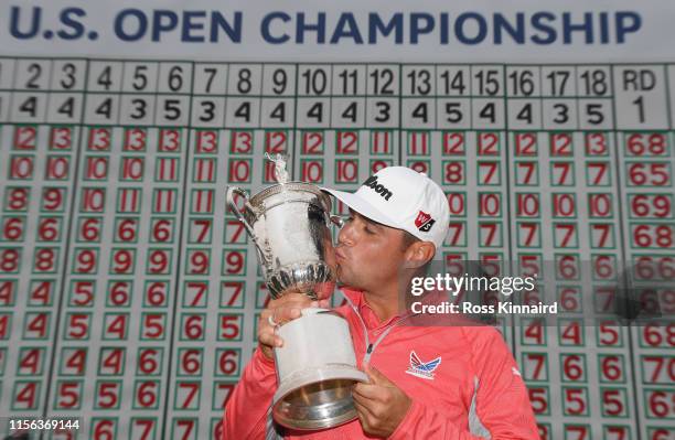 Gary Woodland of the United States poses with the trophy after winning the 2019 U.S. Open at Pebble Beach Golf Links on June 16, 2019 in Pebble...