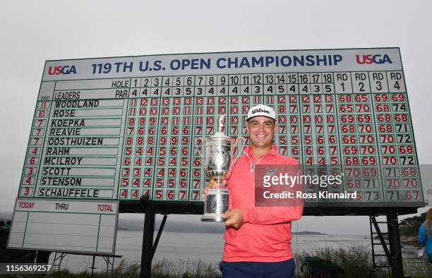 Gary Woodland of the United States poses with the trophy after winning the 2019 U.S. Open at Pebble Beach Golf Links on June 16, 2019 in Pebble...