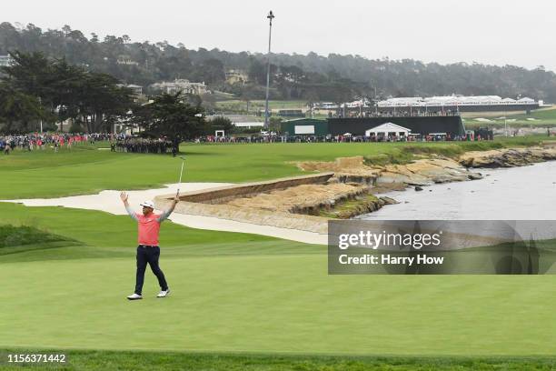 Gary Woodland of the United States celebrates on the 18th green after winning the 2019 U.S. Open at Pebble Beach Golf Links on June 16, 2019 in...