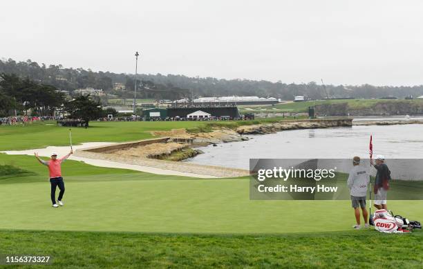 Gary Woodland of the United States celebrates on the 18th green after winning the 2019 U.S. Open at Pebble Beach Golf Links on June 16, 2019 in...