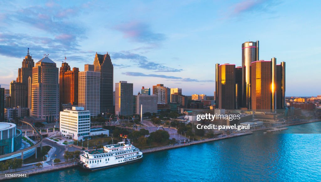 Detroit Michigan Downtown skyline Aerial Sunset