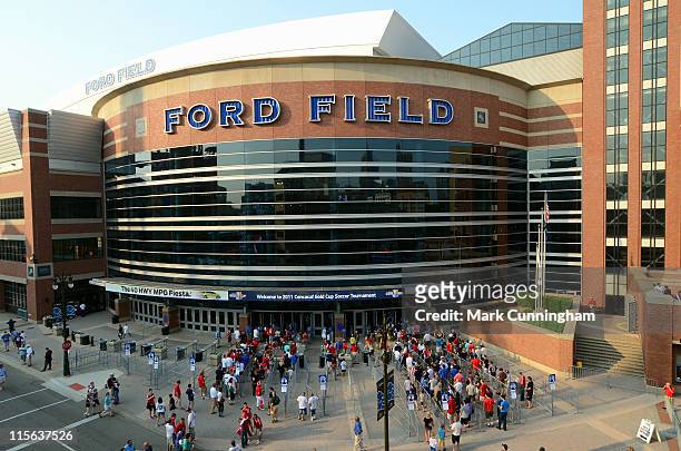 General exterior view of Ford Field as fans enter before the 2011 CONCACAF Gold Cup Soccer matches between the United States and Canada and Panama...