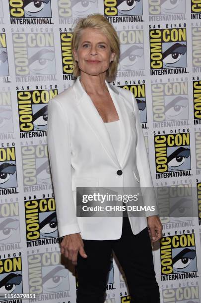 Actress Linda Hamilton arrives for the "Terminator: Dark Fate" red carpet event at the Hilton Bayfront during Comic Con in San Diego, California on...