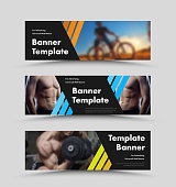 Horizontal vector  black web banner templates with diagonal color lines and space for photo.