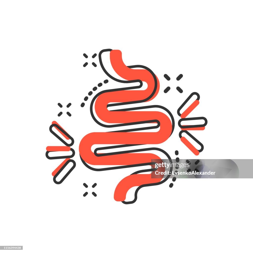 Gut constipation icon in comic style. Colitis vector cartoon illustration on white isolated background. Stomach business concept splash effect.