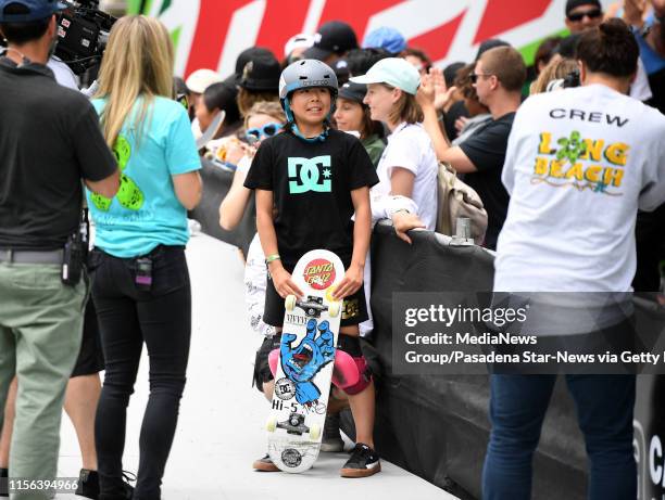 Misugu Okamoto of Japan wins the Women's Park Skateboard Final during the Dew Tour at the Long Beach Convention Center on Sunday, June 16, 2019 in...