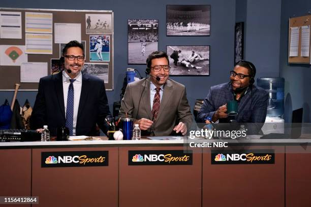 Episode 1093 -- Pictured: Actor Joe Manganiello, host Jimmy Fallon, and comedian Kenan Thompson during "Mad Lib Theater" on July 18, 2019 --