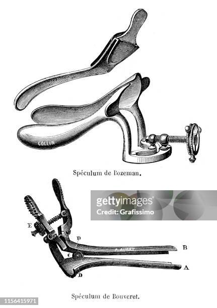 medical illustration of of gynaecological speculum bozeman 1885 - doctors office no people stock illustrations