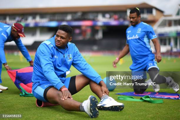 Oshane Thomas of West Indies warms up during the Group Stage match of the ICC Cricket World Cup 2019 between West Indies and Bangladesh at The County...