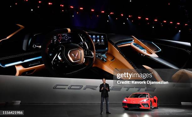 Tadge Juechter, Corvette Executive Chief Engineer, introduces the 2020 mid-engine C8 Corvette Stingray by General Motors during a news conference on...