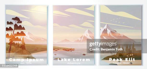 lake summer camp poster with pine forest,  and mountains - uncultivated stock illustrations