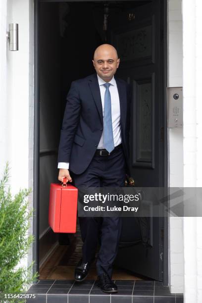 Conservative Party leadership contender Sajid Javid leaves his London home on June 17, 2019 in London, England. Javid took part in a televised debate...
