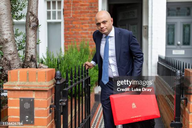 Conservative Party leadership contender Sajid Javid leaves his London home on June 17, 2019 in London, England. Javid took part in a televised debate...