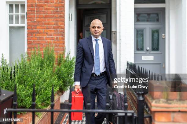 Conservative Party leadership contender Sajid Javid leaves his London home on June 17, 2019 in London, England. Javid took part in a televised debate...