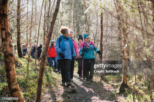 female hikers having fun - woman on walking in countryside stock pictures, royalty-free photos & images