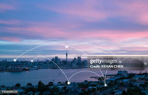 city network with big data 5g in auckland new zealand - new zealand connected fotografías e imágenes de stock