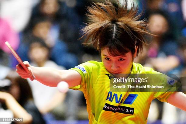 Miu Hirano of Japan competes in the Women's Singles semi final against Liu Shiwen of China on day five of the ITTF Lion Japan Open at Hokkaido...