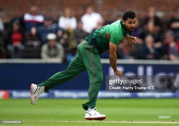 Mashrafe Mortaza of Bangladesh bowls during the Group Stage match of the ICC Cricket World Cup 2019 between West Indies and Bangladesh at The County...