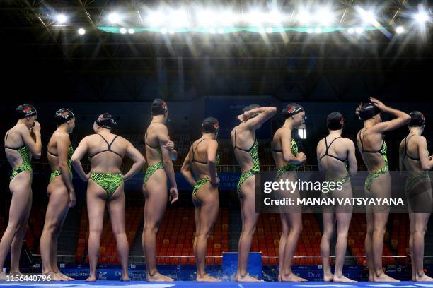 Members of Belarus' team attend a training session during the artistic swimming event during the 2019 World Championships at Yeomju Gymnasium in...