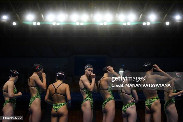 Members of Belarus' team attend a training session during the artistic swimming event during the 2019 World Championships at Yeomju Gymnasium in...