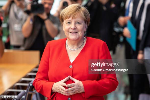 German Chancellor Angela Merkel arrives to speak to the media at her annual press conference on July 19, 2019 in Berlin, Germany. Merkel is in her...