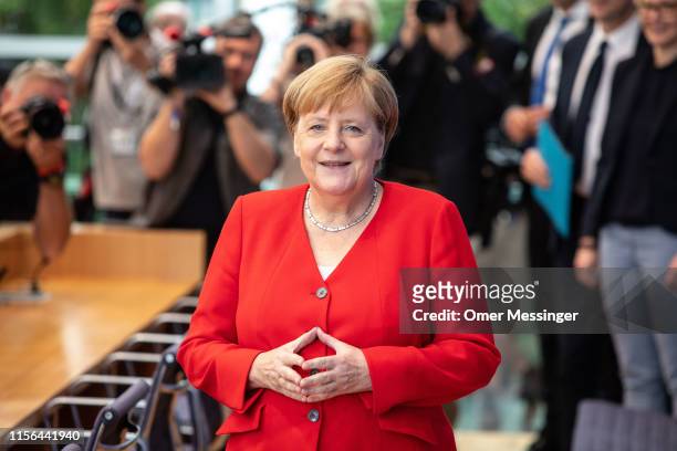 German Chancellor Angela Merkel arrives to speak to the media at her annual press conference on July 19, 2019 in Berlin, Germany. Merkel is in her...