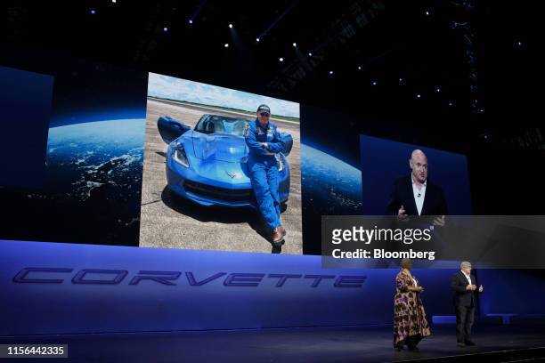 Retired astronauts Mae Jemison, left, and Scott Kelly, attend an unveiling event for the General Motors Co. 2020 Chevrolet Corvette Stingray sports...