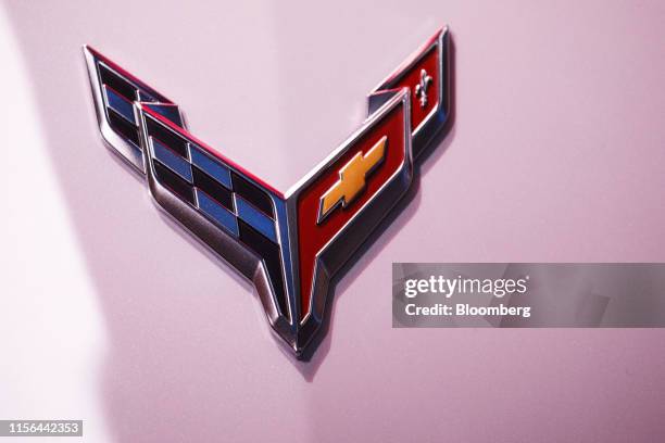 Badge is displayed on a General Motors Co. 2020 Chevrolet Corvette Stingray sports car during an unveiling event in Tustin, California, U.S., on...