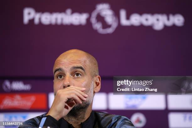Manager of Manchester City FC Pep Guardiola looks during pre-match press conference of Premier League Asia Trophy on July 19, 2019 in Shanghai, China.