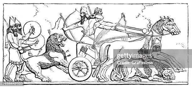 assyrian king on chariot hunting lion in iraq - mesopotamian art stock illustrations