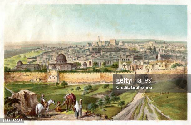 jerusalem city seen from mount of olives 1885 - jerusalem stock illustrations