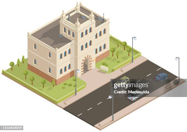 isometric public building with garden - mayor icon stock illustrations