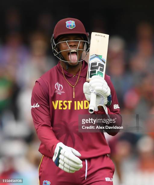 Shimron Hetymer of West Indies reacts after surviving a run out chance during the Group Stage match of the ICC Cricket World Cup 2019 between West...