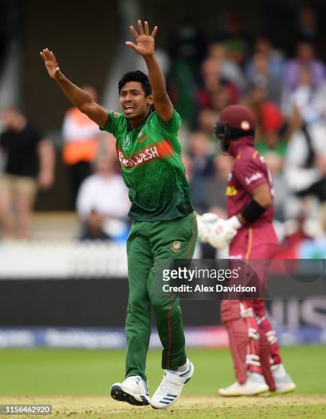 Mustafizur Rahman of Bangladesh appeals for the wicket of Shai Hope of West Indies during the Group Stage match of the ICC Cricket World Cup 2019...
