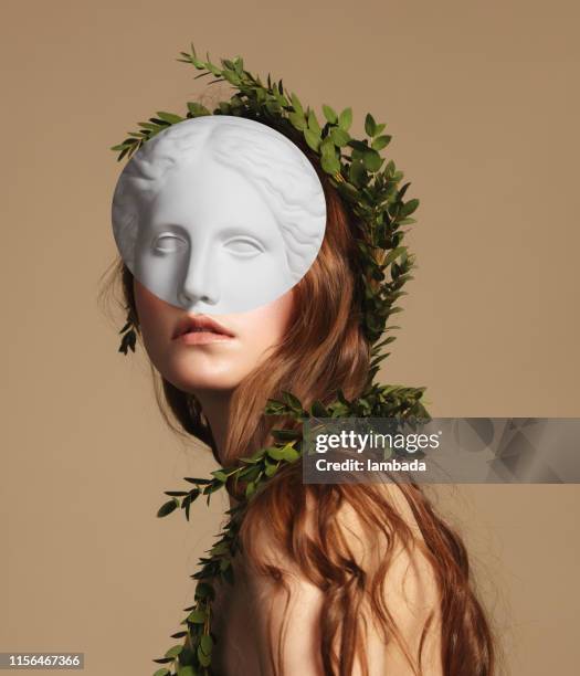 collage with woman and plaster head - female statue stock pictures, royalty-free photos & images