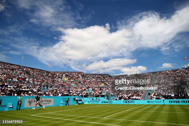 General view of Centre Court as Marin Cilic of Croatia plays a forehand during his First Round Singles Match against Christian Garin of Chile during...