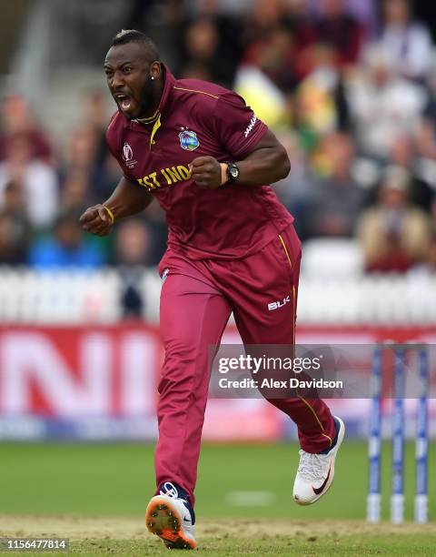 Andre Russell of West Indies celebrates taking the wicket of Soumya Sarkar of Bangladesh during the Group Stage match of the ICC Cricket World Cup...