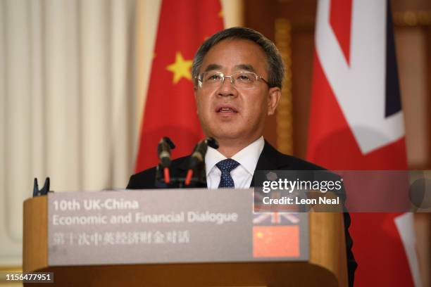 China's Vice-Premier Hu Chunhua and Britain's Chancellor Philip Hammond hold a joint press conference following talks on economic and financial ties...