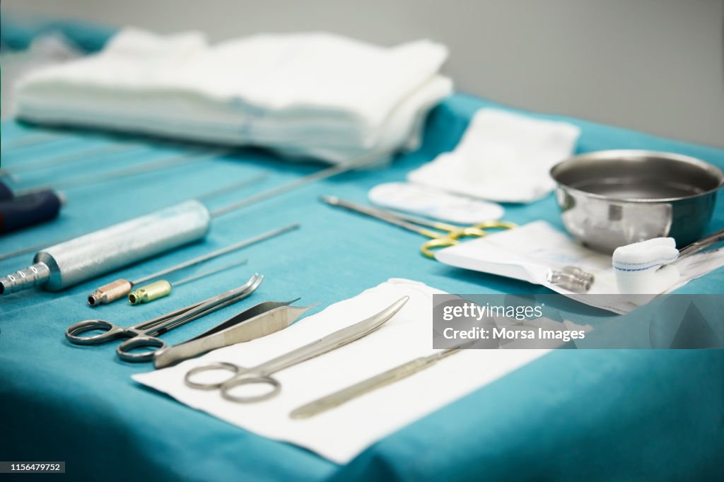 High angle view of surgical equipment on table