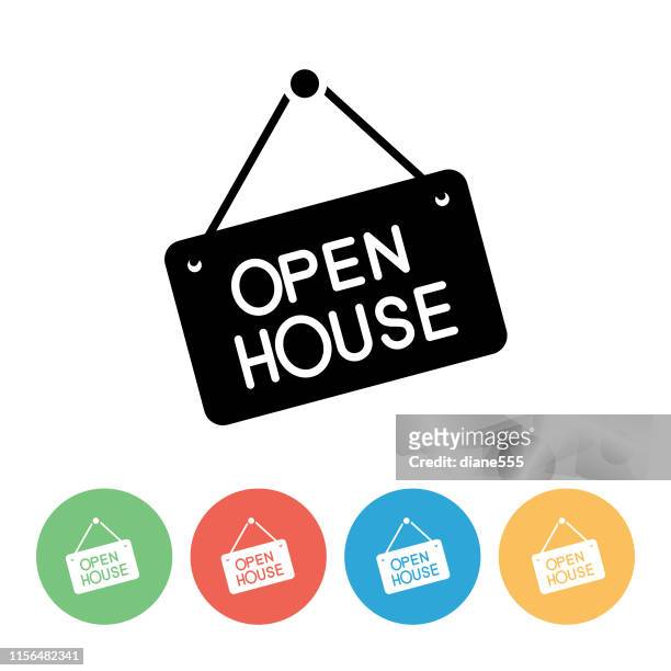 flat design real estate icon  on circle base - open house sign - model house stock illustrations