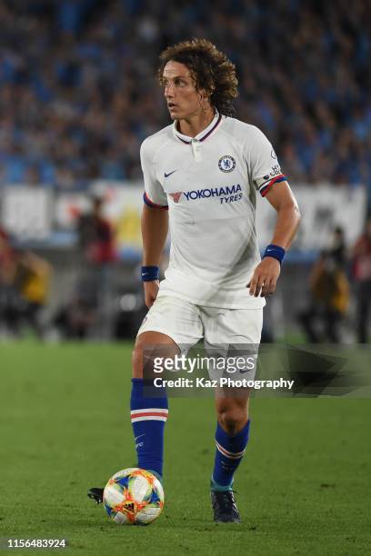 David Luiz of Chelsea keeps the ball during the preseason friendly match between Kawasaki Frontale and Chelsea at Nissan Stadium on July 19, 2019 in...