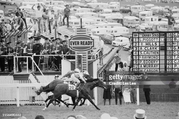 Irish jockey Christy Roche riding Thoroughbred racehorse Secreto at the Epsom Derby, Epsom Downs Racecourse, UK, 6th June 1984.