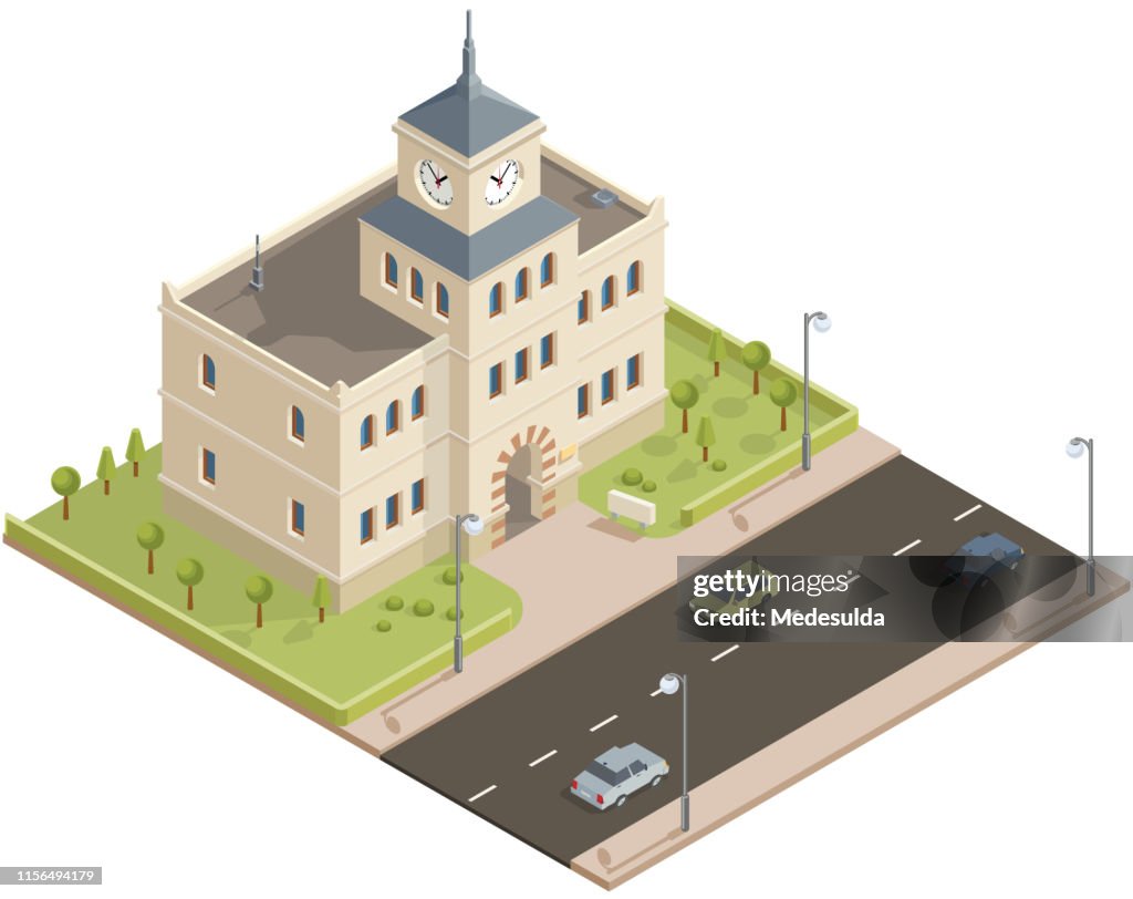 Isometric public building with clock tower
