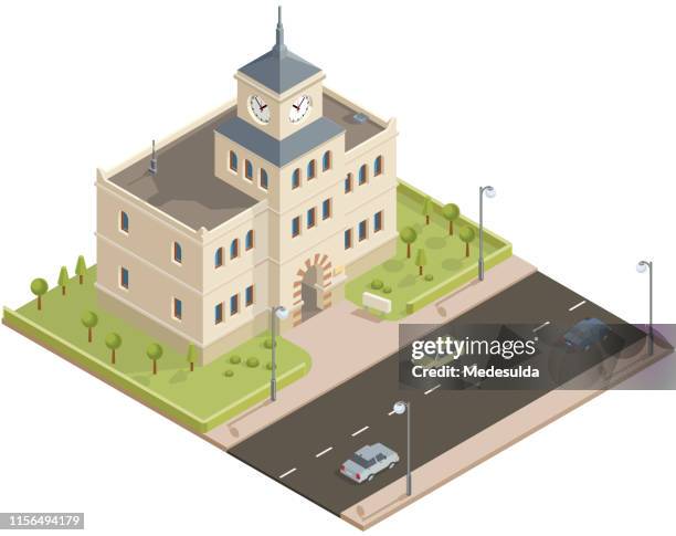 isometric public building with clock tower - town hall vector stock illustrations