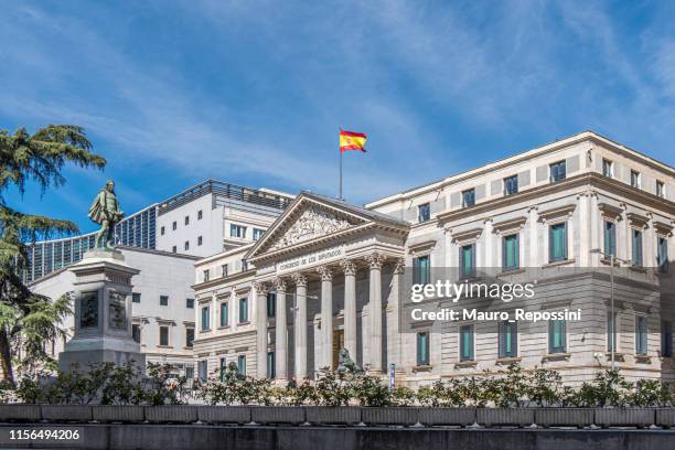 people walking next to the palacio de las cortes (congress of deputies) at central madrid city. spain. - central council stock pictures, royalty-free photos & images