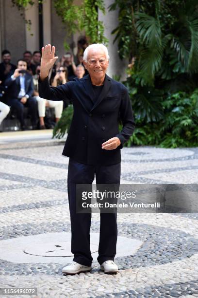 Designer Giorgio Armani poses on the runway at the Giorgio Armani fashion show during the Milan Men's Fashion Week Spring/Summer 2020 on June 17,...