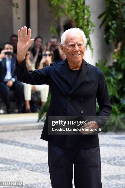 Designer Giorgio Armani poses on the runway at the Giorgio Armani fashion show during the Milan Men's Fashion Week Spring/Summer 2020 on June 17,...