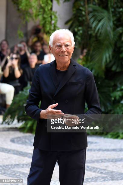 Designer Giorgio Armani poses on the runway at the Giorgio Armani fashion show during the Milan Men's Fashion Week Spring/Summer 2020 on June 17,...